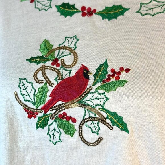 Christmas Embroidered Cardinal Long Sleeve T Shirt Holiday Festive Celebration - Picture 4 of 8
